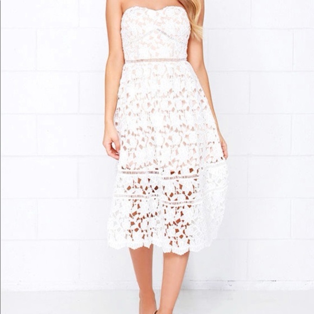 Lulu's White Lace Strapless Midi Dress